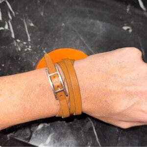 Authentic Hermes Hapi Leather Wrap Bracelet with H Metal Clasp - Tan/silver
